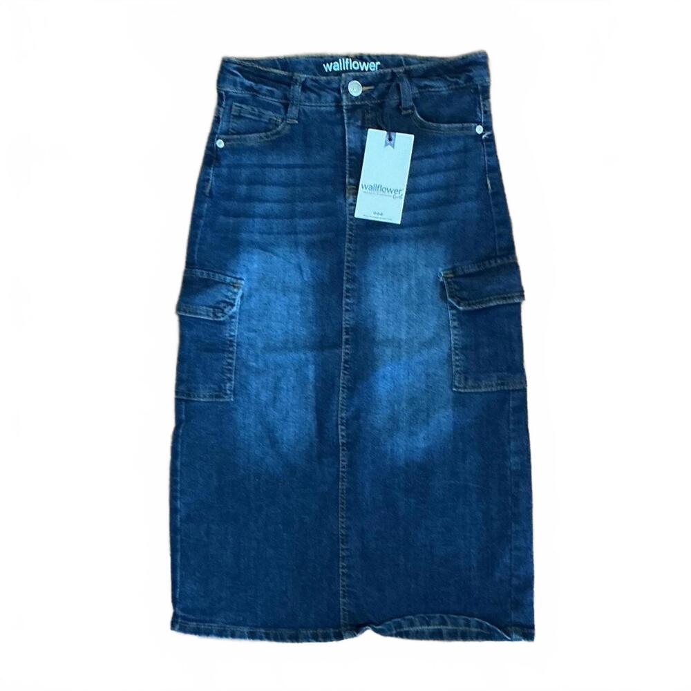 Wallflower Girl  Dark Blue Denim Maxi Skirt Distressed Size 8 NWT